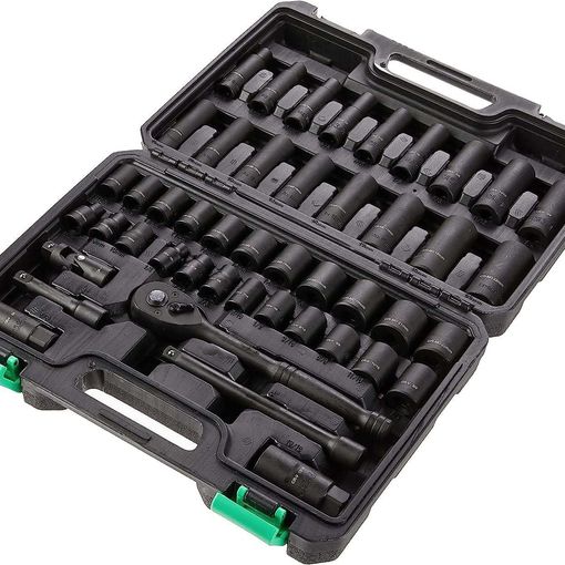 Amazon Basics 46-piece 3/8 inch drive shallow and deep socket set with black phosphate finish