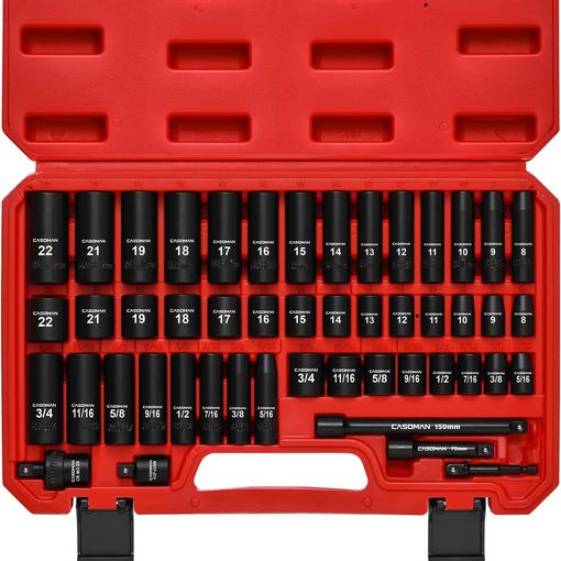 CASOMAN 49-piece 3/8 inch drive impact socket set in a red blow-moulded case