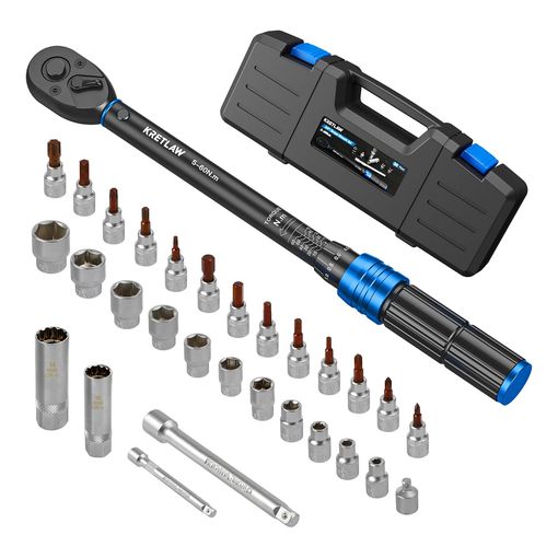 KRETLAW 3/8 inch torque wrench set, 30 pieces, with click torque wrench, sockets and bits in a black case