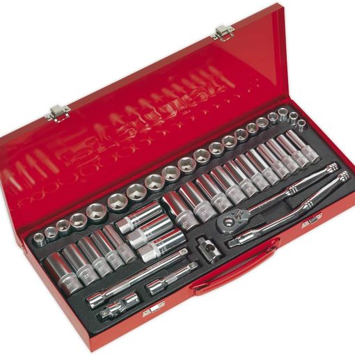 Sealey AK692 45-piece 3/8 inch drive WallDrive socket set in a red metal case