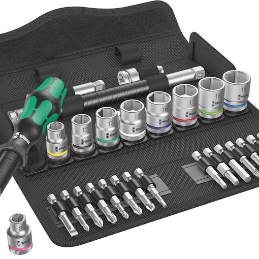 Wera 8100 SB 6 Zyklop Speed 3/8 inch drive ratchet and socket set in a black textile roll