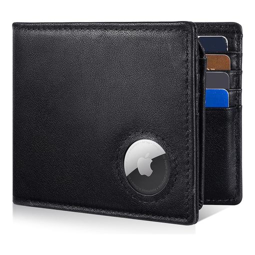 Artpaxy bifold genuine leather AirTag wallet in black with front-face tracker cutout