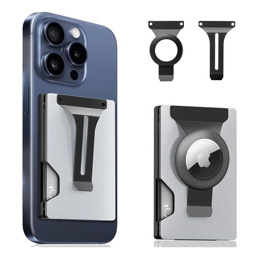 BESSIO titanium-finish magnetic phone wallet with AirTag holder attached to the back of an iPhone