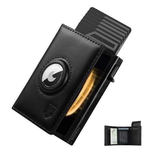 DODENSHA mens AirTag wallet in black leather with aluminium pop-up card holder and coin pocket