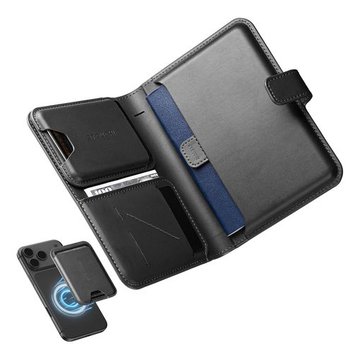 Stouchi black vegan leather passport holder open to show card slots, cash pocket, and a detachable magnetic card case