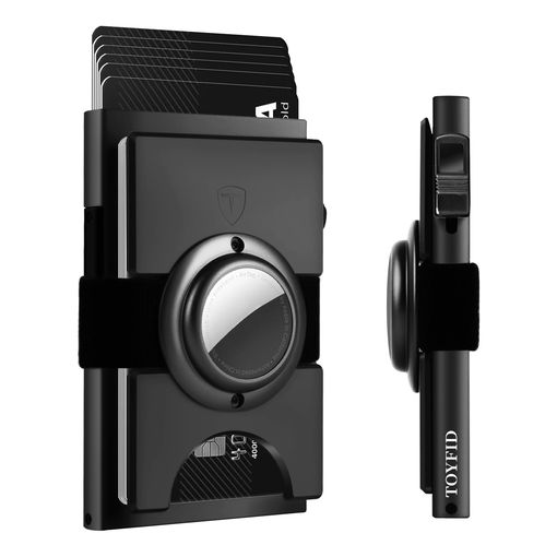 TOYFID black aluminium slim pop-up card wallet with a detachable external AirTag holder