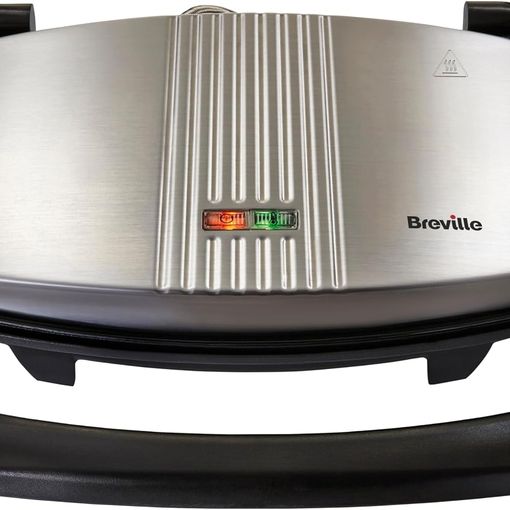 Breville 3-slice sandwich and panini press in stainless steel with the lid closed