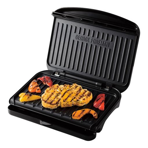 George Foreman Medium Electric Fit Grill in black, open with grilled chicken and peppers on the plates