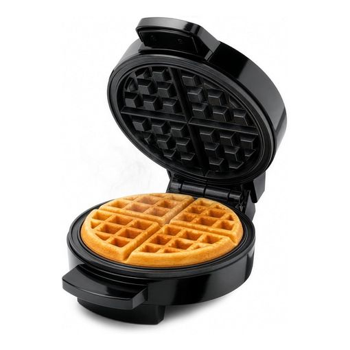 Global Gourmet by Sensio Home American waffle maker in black, open with a cooked round waffle inside