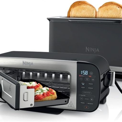 Ninja Foodi 3-in-1 toaster, grill and panini press in black and stainless steel, shown upright as a toaster and flipped down as a grill