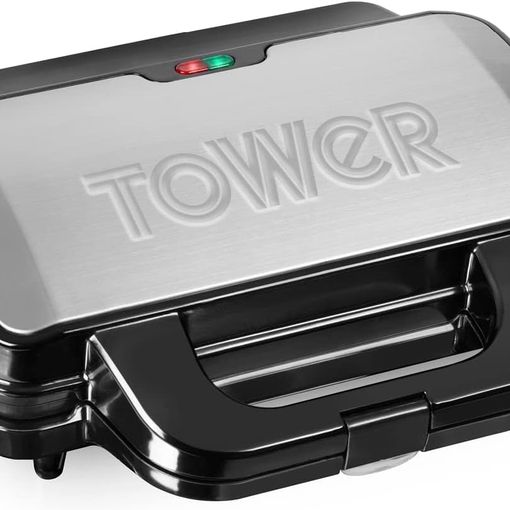 Tower T27013 deep fill sandwich maker in stainless steel and black with the lid closed