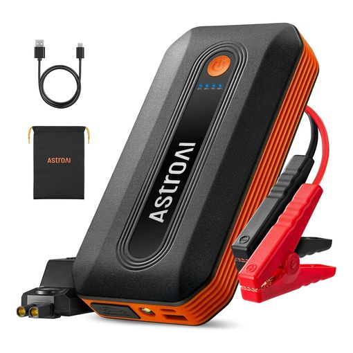 AstroAI B8 compact orange jump starter with charging cable and storage bag