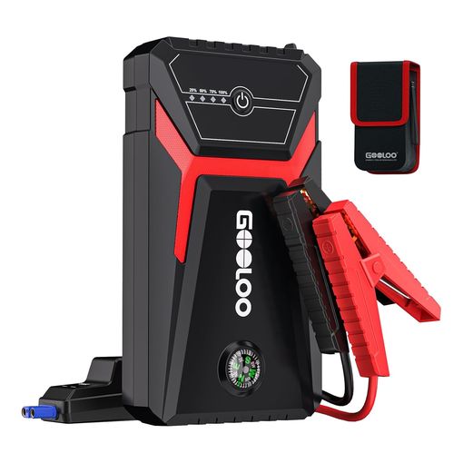GOOLOO GE1500 black and red jump starter with carry pouch and compass detail