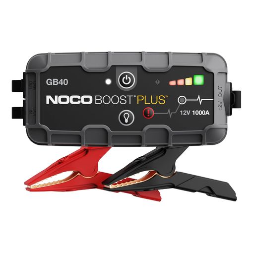 NOCO Boost GB40 1000A UltraSafe lithium jump starter with red and black clamps
