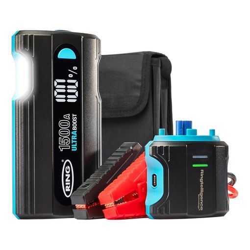 Ring Automotive ULTRABOOST 1500A jump starter with carry pouch and jumper cables