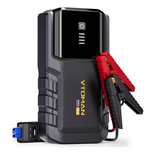 VTOMAN VL3 3000A LiFePO4 jump starter with red and black clamps attached