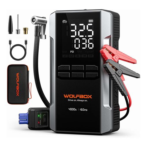 WOLFBOX MV24Air jump starter with built-in tyre inflator hose and digital display