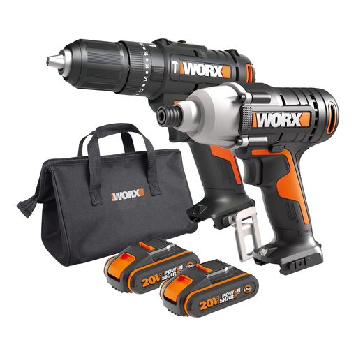 WORX WX902 20V cordless combi drill and impact driver kit with two batteries and carry bag