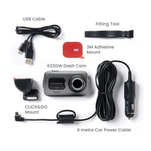 Nextbase 622GW 4K dash cam with mounting accessories and power cable