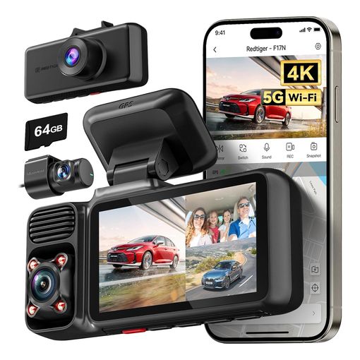 REDTIGER F17 3-channel dash cam with front camera, rear camera, GPS mount, and memory card