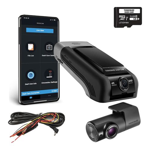 Thinkware U1000 dash cam front and rear camera with smartphone app and hardwire kit