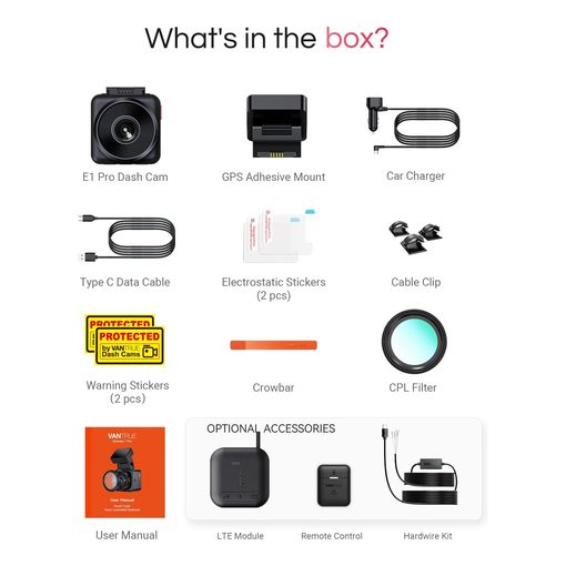 Vantrue E1 Pro 4K mini dash cam with GPS mount, car charger, and accessories