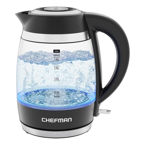 Chefman borosilicate glass electric kettle with blue LED illumination