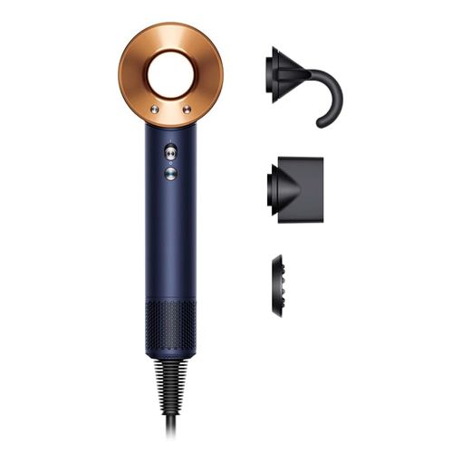 Dyson Supersonic hair dryer in Prussian Blue and Rich Copper with attachments