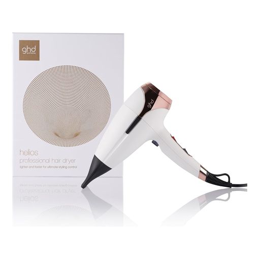 ghd Helios professional hair dryer in white with rose gold accents