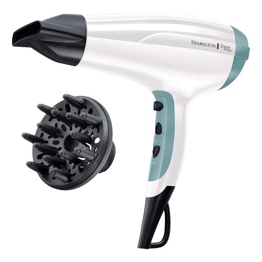 Remington Shine Therapy hair dryer in white and teal with diffuser