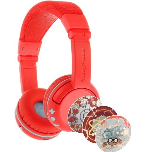 BuddyPhones PlayTime kids on-ear wireless headphones in red with interchangeable sticker discs