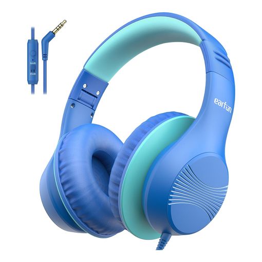 EarFun K3 kids wired over-ear headphones in blue with inline 85/94dB volume switch