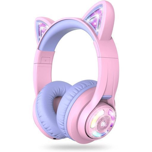 iClever BTH13 Cat Ear kids wireless headphones in pink and lilac with illuminated ear tips