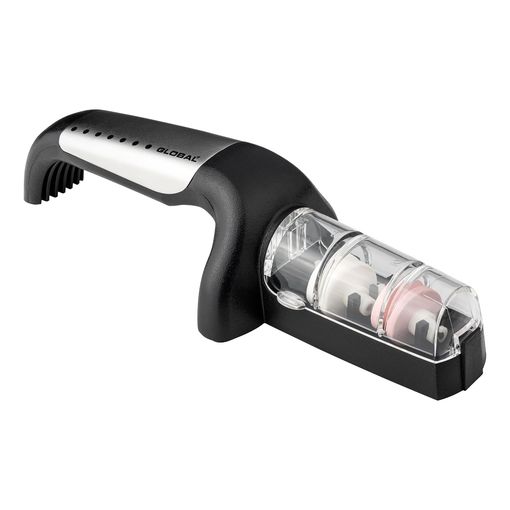 Global ceramic pull-through knife sharpener with black and steel handle