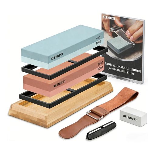 KEENBEST whetstone knife sharpening stone kit with bamboo base and leather strop