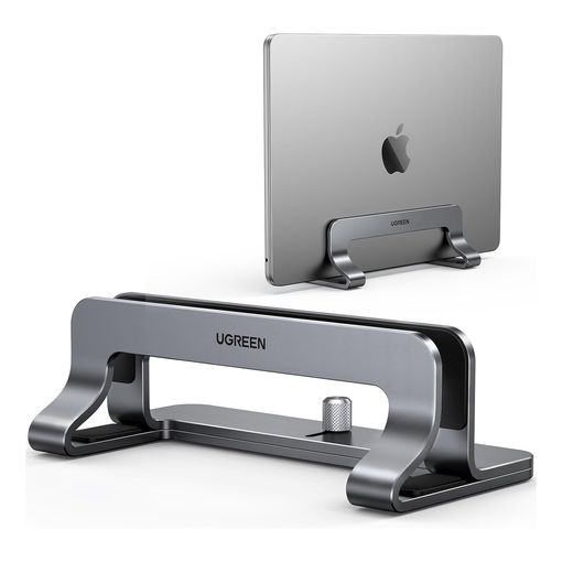 UGREEN vertical laptop stand in grey aluminum holding a closed MacBook upright
