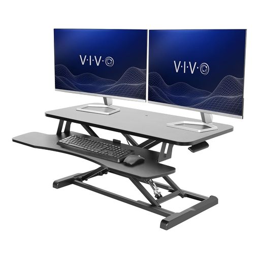 VIVO 91cm K Series black desk converter with dual monitor arms, keyboard tray and laptop shelf