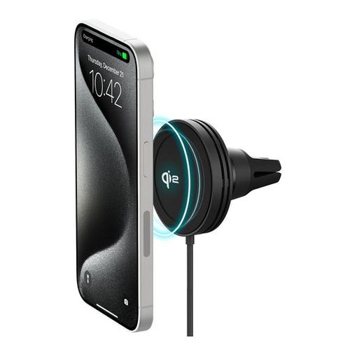 iOttie Velox Qi2 Mini wireless charging air vent car mount holding an iPhone