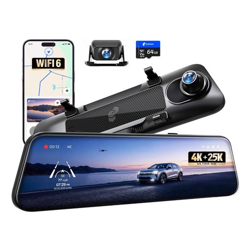 Pelsee S12 telephoto native 4K mirror dash cam with rear camera and 64GB memory card