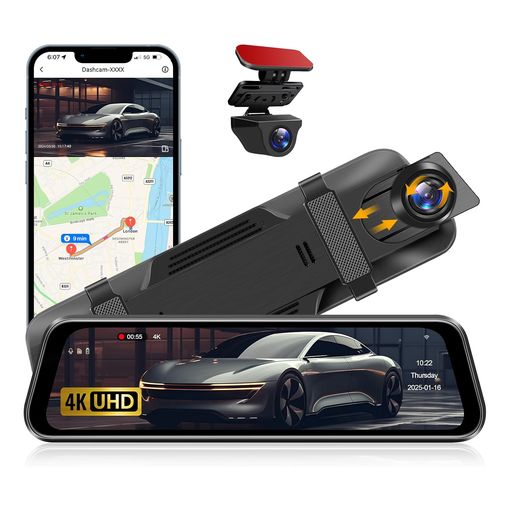 Vtopek 10-inch 4K mirror dash cam with adjustable front lens and waterproof rear camera