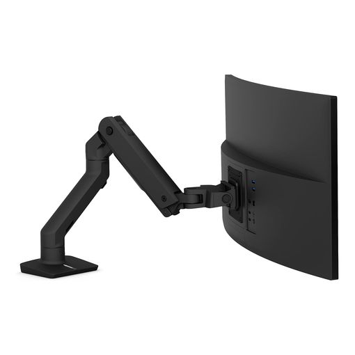 Ergotron HX Premium Heavy Duty Monitor Arm holding a large curved ultrawide monitor