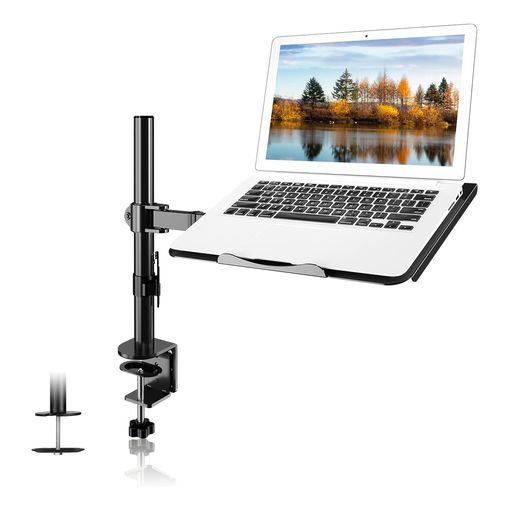 Suptek monitor arm with laptop tray holding a laptop at desk height