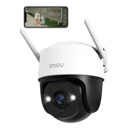 Imou 2K outdoor pan-tilt security camera with phone app showing live footage