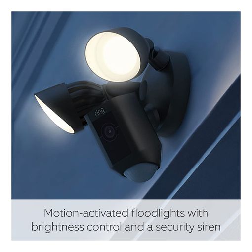 Ring Floodlight Cam Wired Plus mounted with dual floodlights either side of the camera