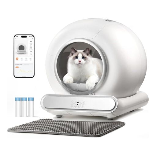 GESEILAY 65L self-cleaning cat litter tray with low entry and a cat inside
