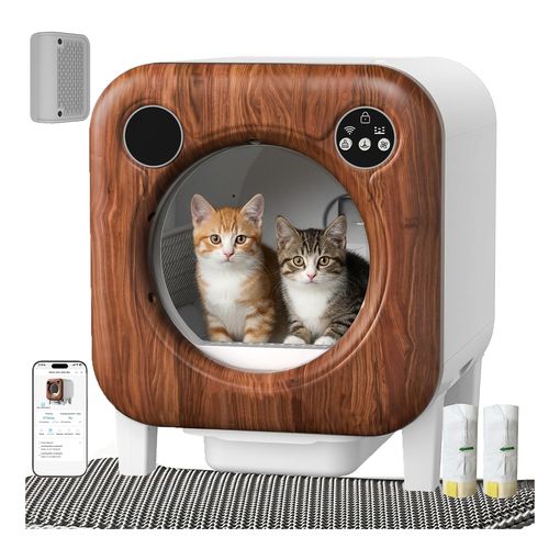 Gimars XXL 90L anti-pinch self-cleaning cat litter box with two kittens