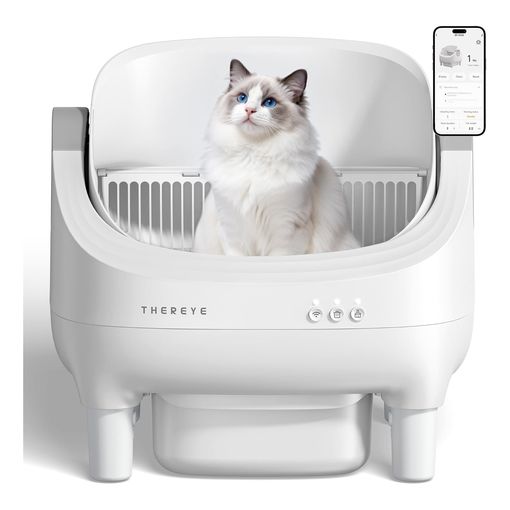 Thereye self-cleaning litter box with a cat sitting inside