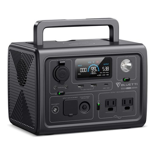 BLUETTI EB3A portable power station with colour display showing input and output wattage