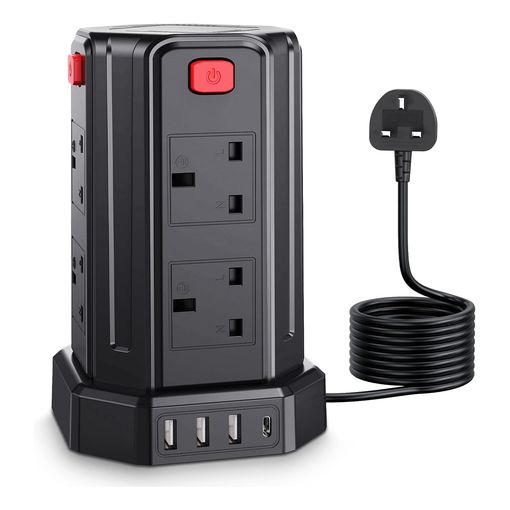 Kemelo 12-in-1 tower extension lead with 8 AC outlets, 4 USB ports and 5 metre cable