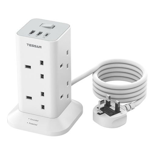 TESSAN tower extension lead with USB C slots, 8 AC outlets and stable base